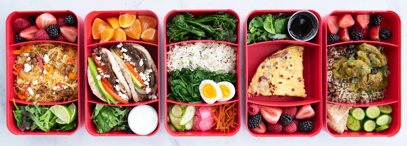 Five Bento Box containers filled with lunch recipes- GIF