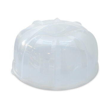 Clear plastic dome cover for bundt cakes with white base and handle on top