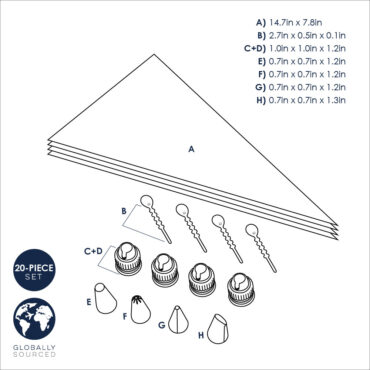 Nordic Ware 20-piece pastry decorating set with tips, couplers, and pastry bags arranged on white background