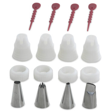 Nordic Ware 16-piece pastry decorating set with white plastic bags, silver couplers, decorating tips and ties
