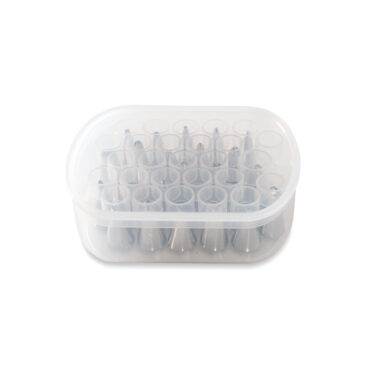 Nordic Ware 27-piece decorating tip set with various pastry tips and couplers in clear plastic storage case