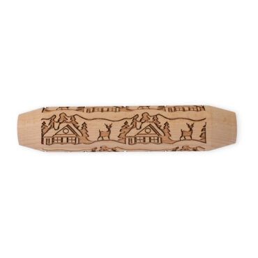 Nordic Ware wooden embossing rolling pin with raised woodland cottage and tree pattern design