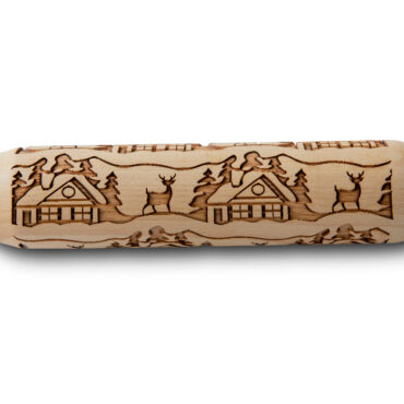 Wooden rolling pin with embossed woodland cottage and tree pattern, natural wood finish with handles
