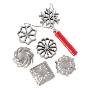 Swedish Rosette and Timbale Set, 2 wire prong for making two designs at a time with a red handle, 3 rosettes and 3 timbale irons included