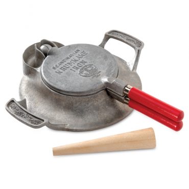 Norwegian Krumkake and Pizzelle Iron with wooden cone for rolling and red handle