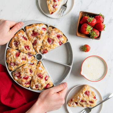 strawberry scones made with Nordic Ware aluminum scone and cornbread baking pan with 8 triangular wedge-shaped cavities