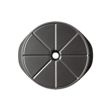 Nordic Ware aluminum scone pan bottom view, showing 8 triangular wedge-shaped cavities in natural silver finish