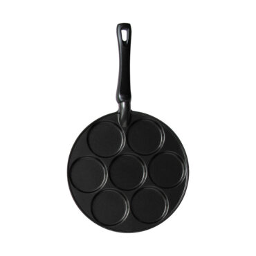 Nordic Ware aluminum silver dollar pancake pan with 7 round cavities and long handle, natural finish