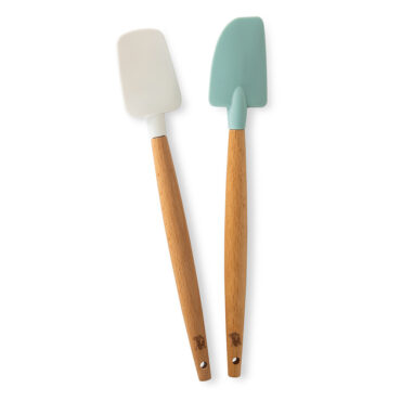 2 Piece Small Spatula Set, one spoonula in white and one classic spatula design in sea glass color.