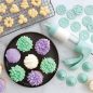 Decorated cupcakes and baked spritz cookies using discs and frosting tips in set