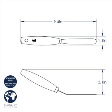Nordic Ware angled icing spatula with stainless steel blade and black handle, showing dimensional measurements