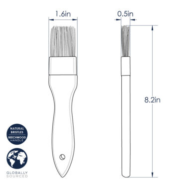 Nordic Ware natural bristle pastry brush with light wooden handle and cream-colored bristles technical drawing with measurements