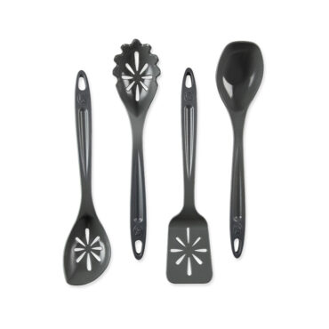 Nordic Ware 4-piece kitchen utensil set in storm gray, including slotted spoon, solid spoon, slotted turner, and ladle