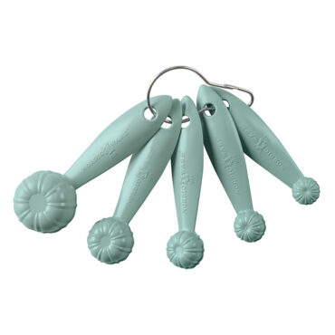 Set of 5 sea glass colored plastic measuring spoons in bundt pan shape, showing smooth backs with hanging loops