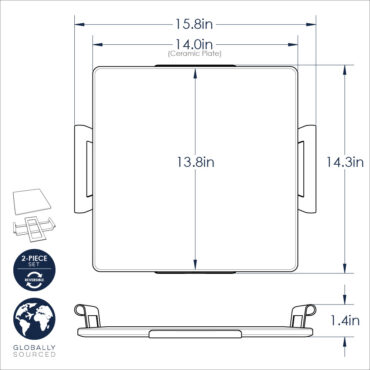 Nordic Ware square ceramic pizza stone with metal cooling rack, dimensional drawing showing measurements