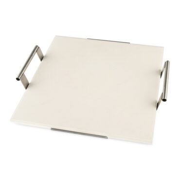 Nordic Ware square ceramic pizza stone with metal cooling rack, cream colored stone displayed at angle