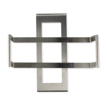 Black metal wire rack for square pizza stone, elevated design with four legs and grid pattern surface