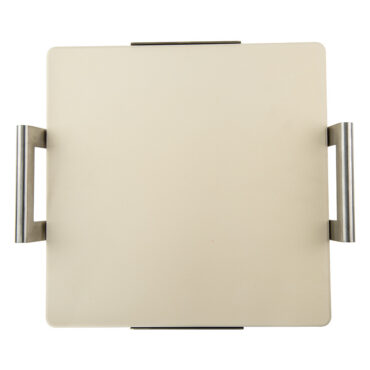 Nordic Ware square ceramic pizza stone with metal cooling rack, cream colored stone on silver wire rack