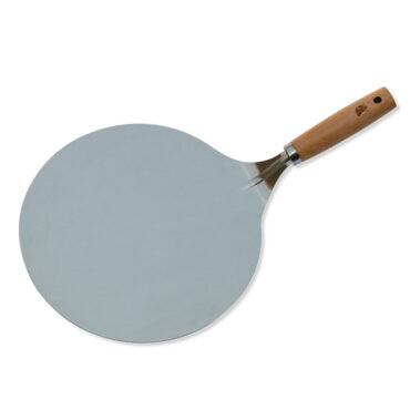 Nordic Ware stainless steel cake lifter with natural wood handle, flat triangular blade for transferring cakes