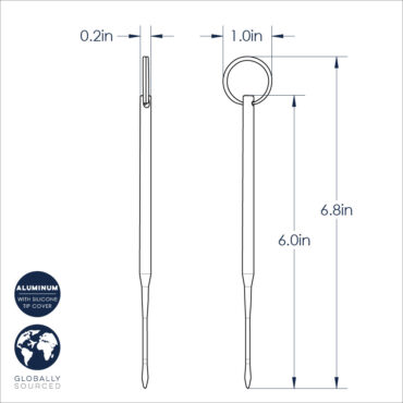 Technical drawing showing dimensions and specifications of Nordic Ware reusable bundt cake thermometer probe