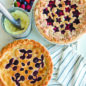Baked pies with 2 pie top crust designs, ice cream