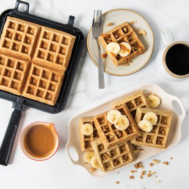 Visit Cinnamon Banana Oat Waffles with Peanut Butter Maple Syrup Recipe