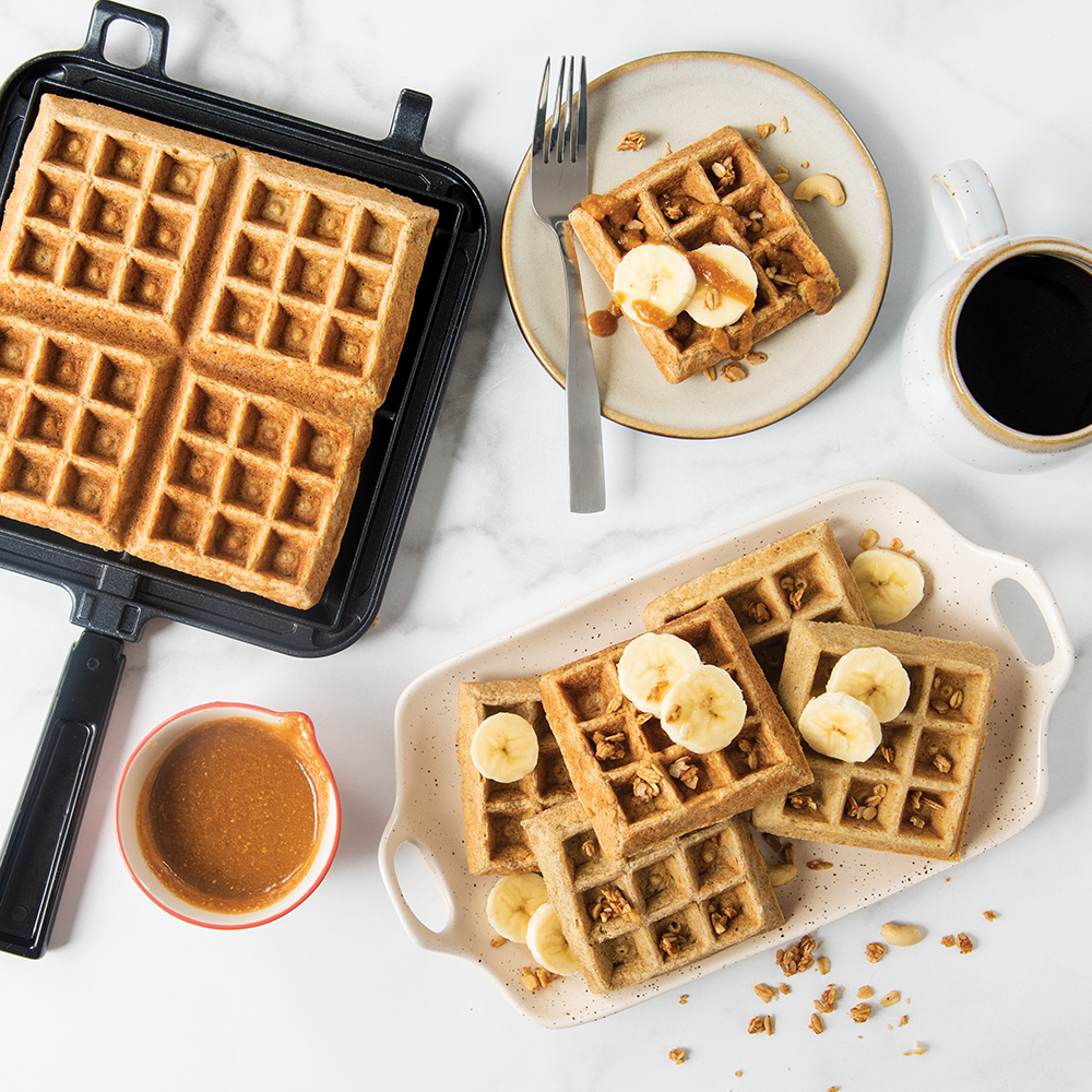 Cinnamon Banana Oat Waffles with Peanut Butter Maple Syrup