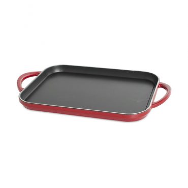 Slim Griddle, rectangular nonstick interior, two outer handles with red exterior