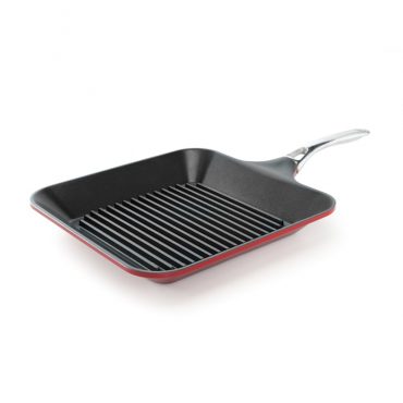11" square grill pan with ribbed interior, stainless steel handle and red exterior