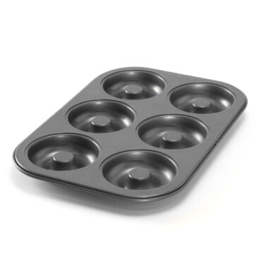 Nordic Ware aluminum donut baking pan with 6 cavities, natural silver finish, round wells for shaped donuts