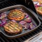 Grilled pork chops, onions, in griddle pan on grill