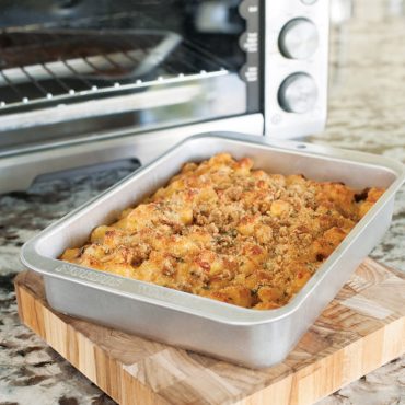 Baked casserole in pan, toaster oven
