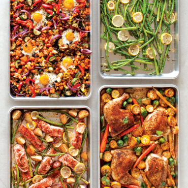 Four different sheet pan meals arranged on Nordic Ware aluminum half sheet pans showing roasted vegetables, proteins, and sides