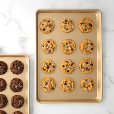 Nordic Ware nonstick big sheet baking pans with chocolate and chocolate chip cookies, golden aluminum finish