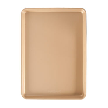 Nordic Ware nonstick big sheet baking pan, rectangular aluminum with golden bronze coating and raised rim
