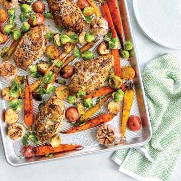 Chicken and vegetables on Prism sheet pan