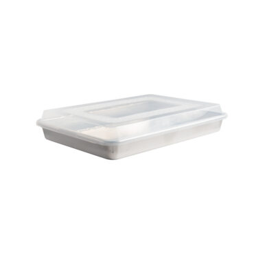 Nordic Ware aluminum high-sided sheet cake pan with clear plastic lid, natural silver finish