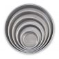 5 piece natural aluminum round cake pan set; 1-4" pan, 1-6" pan, 1-8" pan, 1-10" pan, 1-12" pan, top view