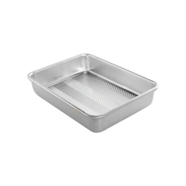Nordic Ware Prism aluminum 9x13 rectangular baking pan with textured diamond pattern bottom, natural silver finish