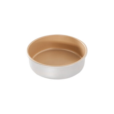 Nordic Ware 8-inch round aluminum cake pan with gold nonstick interior and natural silver exterior