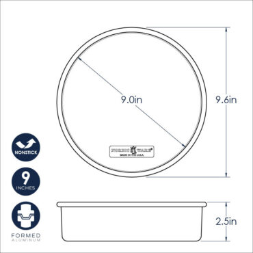 Nordic Ware 9-inch round nonstick cake pan dimensional drawing showing top and side view measurements