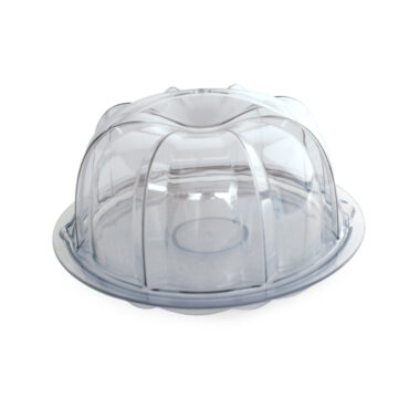 White plastic bundt cake storage container with domed lid and carrying handles, two-piece set