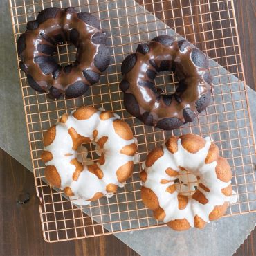 Overhead baked 3 Cup Bundts, chocolate and vanilla