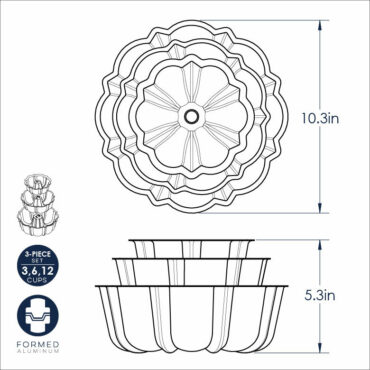 set of 3 formed aluminum Bundt® cake pans, mint exterior, white interior, 3 cup, 6 cup, 10 cup stacked in tier Dimensional Drawing Image
