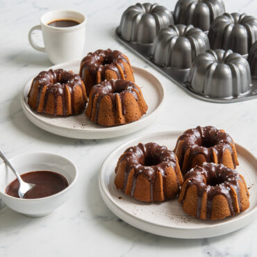 chocolate covered buntlette cakes made with nordic ware classic bundtlette cake pan