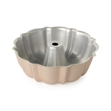 Fluted tube Nordic Ware 12 cup formed aluminum Bundt Pan in Golden Hour from Northern Lights collection, side view.