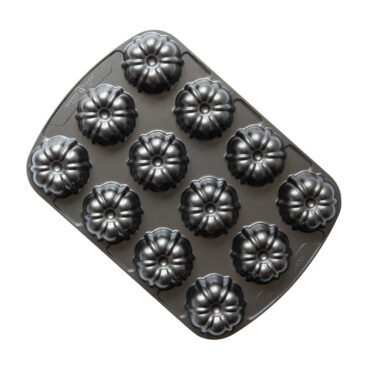 Nordic Ware aluminum bundt brownie pan with 12 mini fluted cavities, dark gray nonstick finish