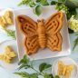 Baked butterfly cake on square plate with small plates of butterfly cakelets and flowers in background