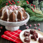 Baked chocolate Vintage Star Bundt cake on plate with white glaze and sugared cranberries in center  with baked gingerbread bites on plate