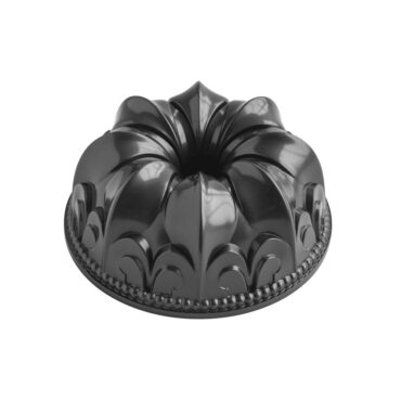 Nordic Ware Fleur de Lis bundt pan, dark gray aluminum with ornate French lily pattern and fluted design